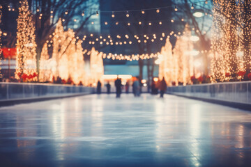 An abstract blurred depiction of an ice rink illuminated by glowing lamps, evoking the joy and celebration of the winter season and Christmas.