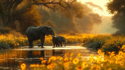 Mother and baby elephant cross river in natural landscape