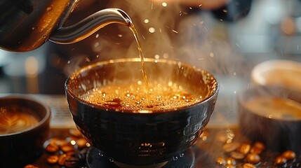 Abstract pattern created by spilled coffee on a black countertop. AI generate illustration