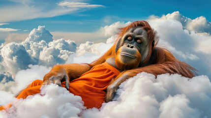 Illustration of an orangutan wearing an orange nightgown resting and sleeping soundly above the clouds - obrazy, fototapety, plakaty