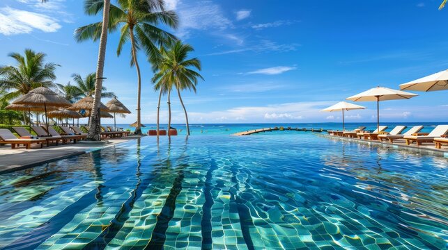 Luxury beach resort infiniy swimming pool beach chairs beds loungers umbrellas palm trees