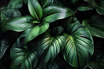 closeup tropical green leaves texture and dark tone process, abstract nature pattern background Generative AI