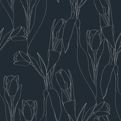 Nature seamless pattern. Hand drawn tulips background: olive green flowers, line art.  - 786991747