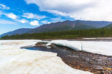 Snow and ice on the banks of the river Hoisey. Putorana Plateau, Taimyr, Russia - 786991799