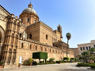 Exterior view of the cathedral church of the Roman Catholic Archdiocese of Palermo, located in Palermo, Sicily, southern Italy. - obrazy, fototapety, plakaty