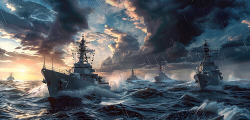 A navy fleet of warships, including the destroyer and frigate in front with a stormy sea background. - obrazy, fototapety, plakaty