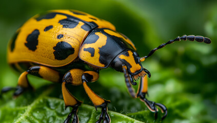 closeup yellow ladybug beetle on the leaf, nature green wildlife bug, macro