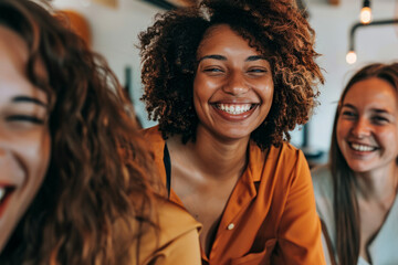 A group of three businesswomen smiles happily in the office, radiating warmth and camaraderie as they collaborate.