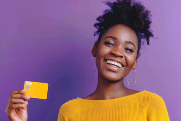 A joyful Afro-American woman pays with a card against a vibrant purple background, expressing satisfaction and convenience.
