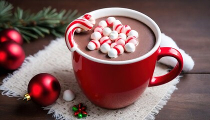 Obraz na płótnie Canvas Christmas hot chocolate with ornaments and candy cane