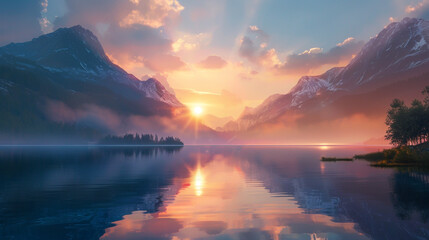 Glowing sunrise casting a warm glow over a calm lake nestled in the mountains