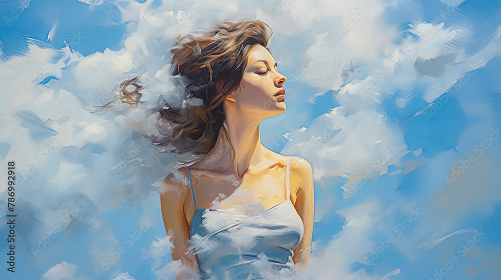 Wall mural a woman is painted in the sky with clouds