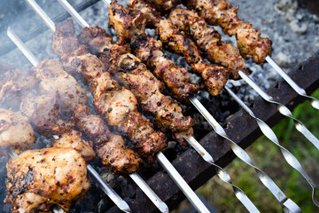 Pork pieces on coals. Pieces of grilled meat on skewers are cooked on hot coals.A barbecue party in nature. Baked pork meat cooked on the grill. Close-up, top view.