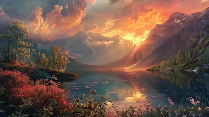  Glowing sunrise casting a warm glow over a calm lake nestled in the mountains © cheena
