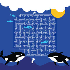 Maze game Labyrinth Whales vector illustration. Colorful puzzle for kids