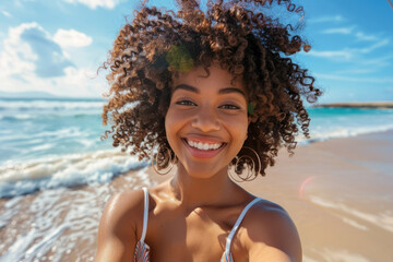 A stunning young black woman captures a selfie while strolling on the beach, her delightful smile directed at the camera, encapsulating the essence of summer vacation, technology