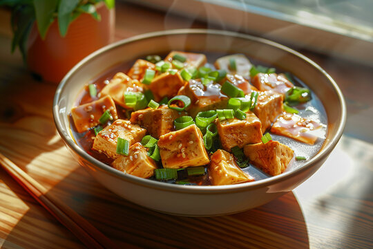 Generative AI Image of Delicious Tofu Food with Sweet Soy Sauce in Bowl