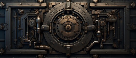 An artistic rendering of a vintage vault door, its heavy metal and intricate locking mechanism symbolizing security - obrazy, fototapety, plakaty