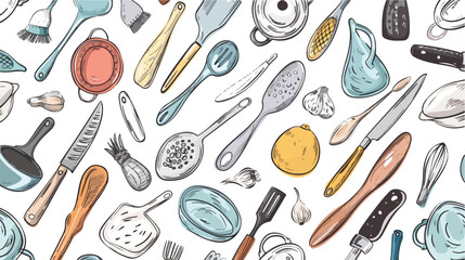 Hand drawn kitchen utensils. Colored graphic vector se