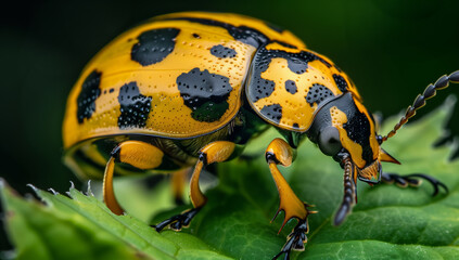 closeup yellow ladybug beetle on the leaf, nature green wildlife bug, macro