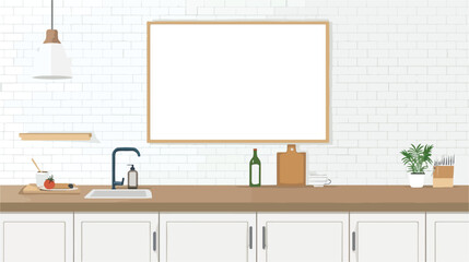 Empty frame hangs on the wall in the kitchens