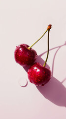 A pair of red cherries on top of light pink background, with some drops, macro photography. Minimalistic style. Shadows. Summer fruits idea.