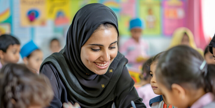 An Arab female teacher provides mentorship to primary school children in a class, creating a supportive and inclusive learning environment.