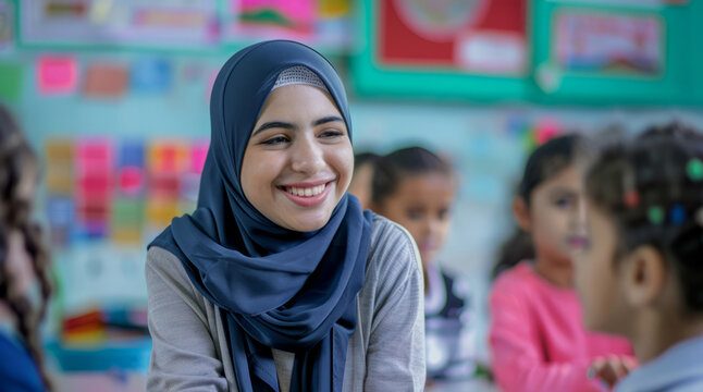 An Arab female teacher provides mentorship to primary school children in a class, creating a supportive and inclusive learning environment. - Powered by Adobe