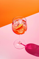 Aperol spritz cocktail in wine glass, pink background, product photography, bright and vibrant summer colors. Summer drinks idea.