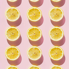 Fototapeta premium Minimalist lemon pattern on pastel pink background, simple and clean. Summer fruit background. Cosmetic aesthetic background.