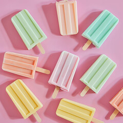 Popsicle in various colors, set against a pastel pink background. Bright pastels. Summer food aesthetic.