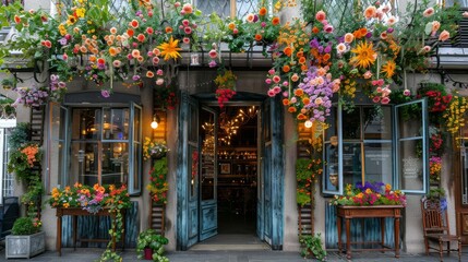 Moscow, Russia - August 10, 2020: Entrance to the roof restaurant with many decorative flowers - obrazy, fototapety, plakaty