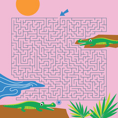 Maze game Labyrinth Crocodile vector illustration. Colorful puzzle for kids