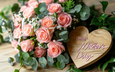 bouquet of pink roses with wooden heart, text written happy mother's day