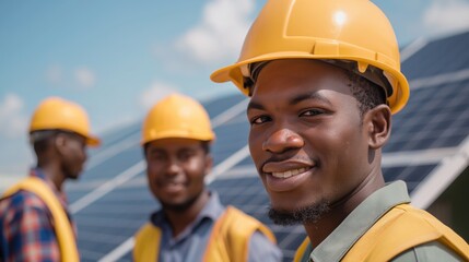 Two African American male solar power engineers installing solar panels on the rooftop of the passive house together wearing hardhats on sunny day