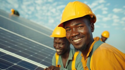 Two African American male solar power engineers installing solar panels on the rooftop of the passive house together wearing hardhats on sunny day