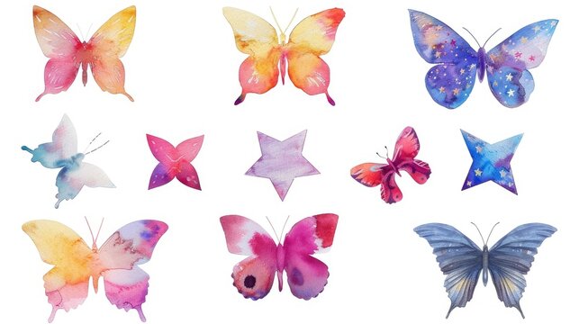 Watercolor stars and butterflies arranged in a set separated on a white background