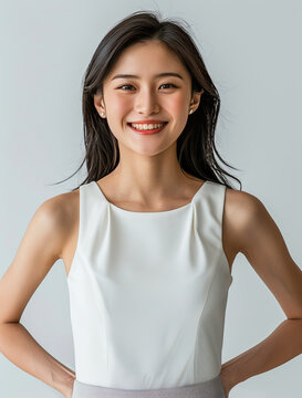 Chinese Girl.  Generated Image.  A digital rendering of a Chinese girl with black hair, smiling and wearing an open shoulder white sleeveless top.