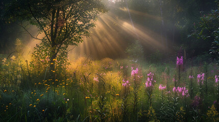Golden rays illuminating a tranquil meadow kissed by dawn's light - obrazy, fototapety, plakaty