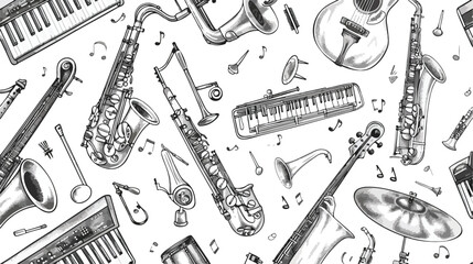 Hand drawn musical instruments. Graphic vector seamles
