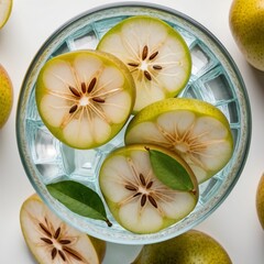 Top view on a refreshing drink with pear slices 