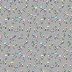 Pairs of colorful stick figures strolling hand in hand on a gray backdrop in seamless pattern. Funny kids surface art texture for printing or use in graphic design projects.