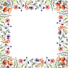 Watercolor wreaths, frames, wildflowers floral illustration: summer flower, blossom, poppies, chamomile, dandelions, cornflowers, lavender, violet, bluebell, clover, buttercup. Generative AI