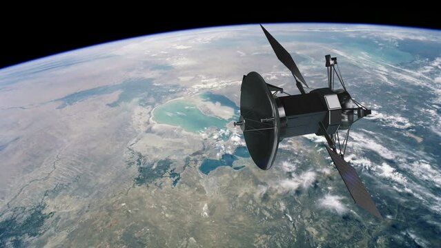 Modern Satellite Slowly Flying Over Planet Earth. Majestic Scene. Technology And Space Related 3D Animation.