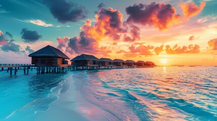 Sunset on Maldives island, luxury water villas resort and wooden pier. Beautiful sky and clouds and beach background for summer vacation holiday and travel concep - obrazy, fototapety, plakaty