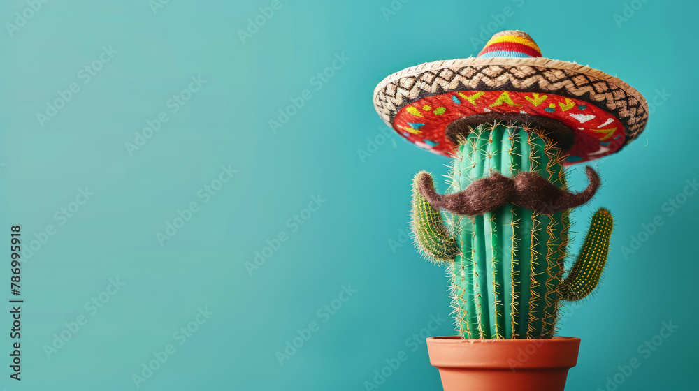 Sticker a mexican cactus character wearing a traditional sombrero and mustache