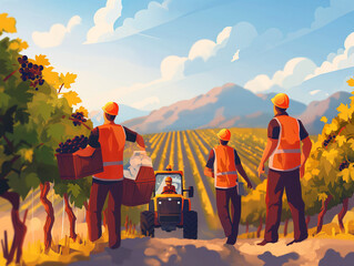 Illustration of workers harvesting grapes in a vineyard with a tractor. - obrazy, fototapety, plakaty