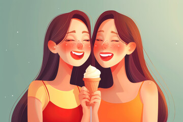 Illustration of twin girls sharing an ice cream cone, smiling with a turquoise background. - obrazy, fototapety, plakaty