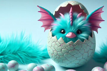 Close-up of fluffy plush dragon in egg, newly hatched turquoise dragon, cute little fantasy animal, toy - obrazy, fototapety, plakaty