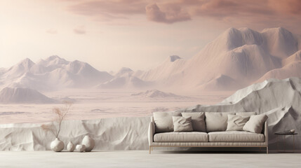 couch in room with a mountain view - obrazy, fototapety, plakaty